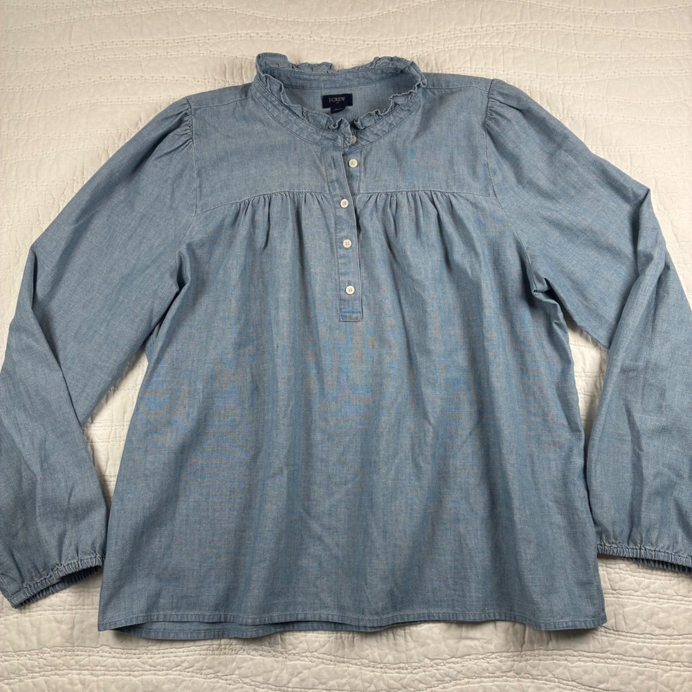J.Crew Ruffle Collar Chambray Blouse XL Blue Button Front Peasant Cottagecore